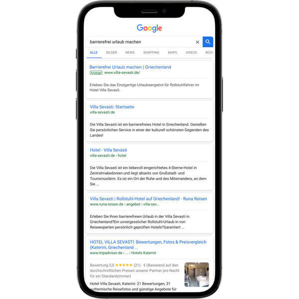 Smartphone zeigt eine Google-Suche
